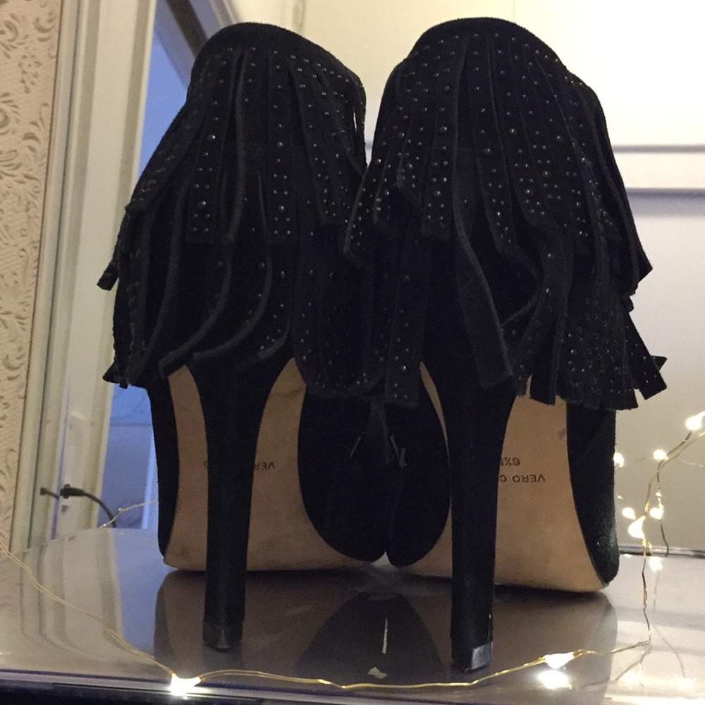 BCBG Black peep toe Booties with fringe